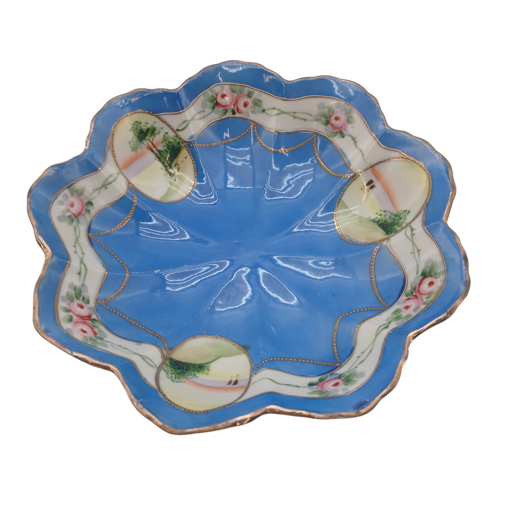 VTG Hand Painted Porcelain Scalloped Dish Blue Floral Gold Trim Japan Plate Bowl
